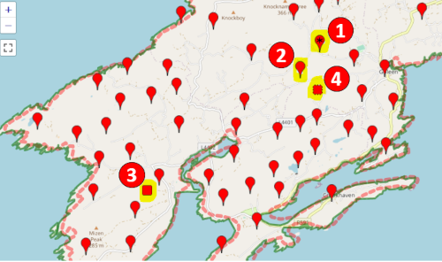 Map showing examples of townland location pins